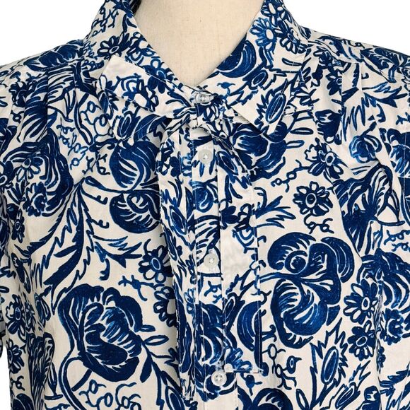 Charter Club X-Large Top Floral Long Sleeve Button-Up Ruffled Collar Blue White - Picture 2 of 9